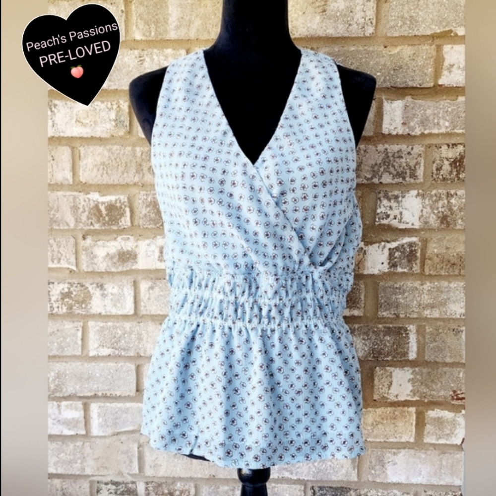 Sleeveless Light Blue with Silver Shimmer & Red & White Flowers Fully Lined Top